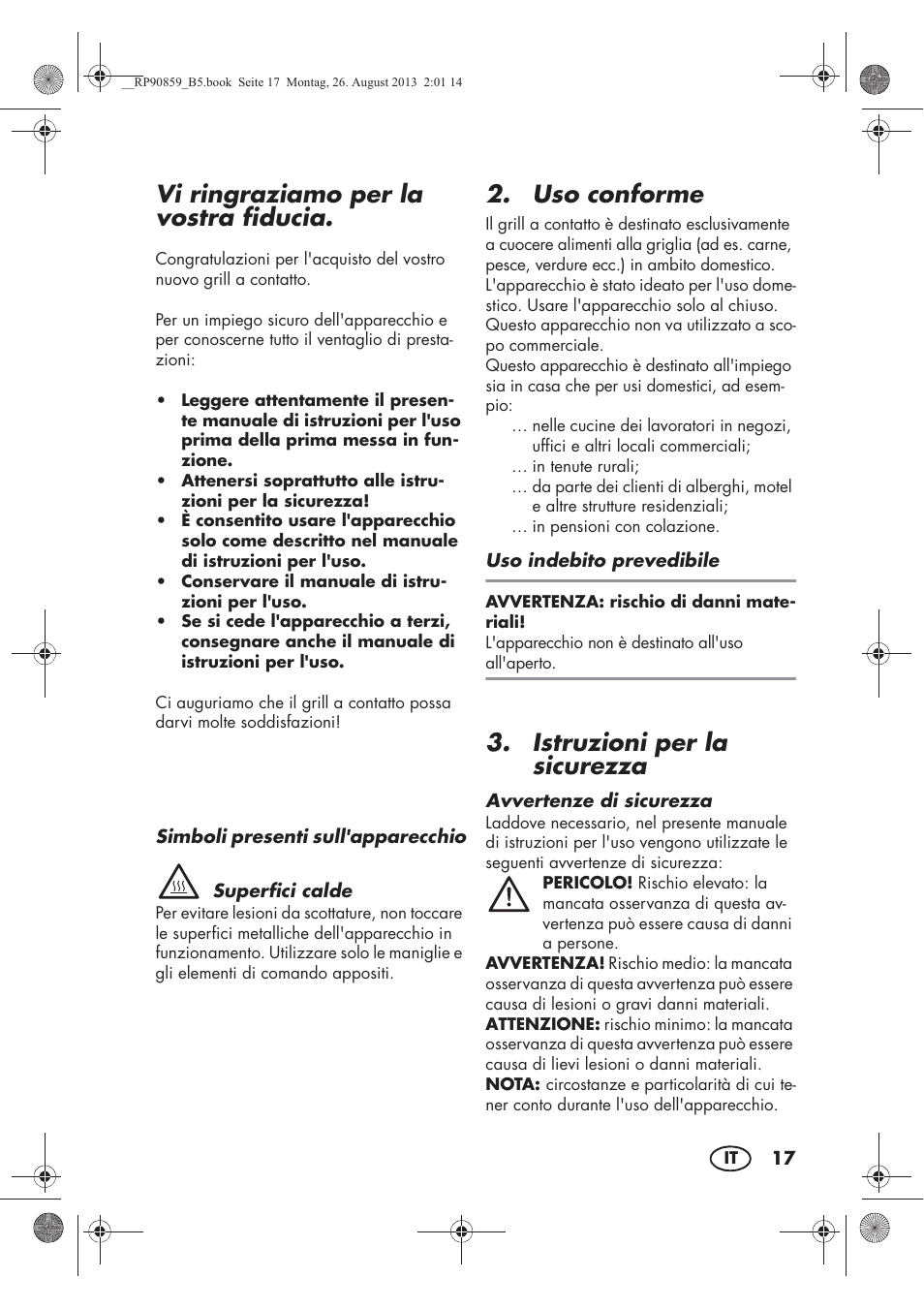 Vi ringraziamo per la vostra fiducia, Uso conforme, Istruzioni per la sicurezza | Silvercrest SKG 1700 A1 User Manual | Page 19 / 70