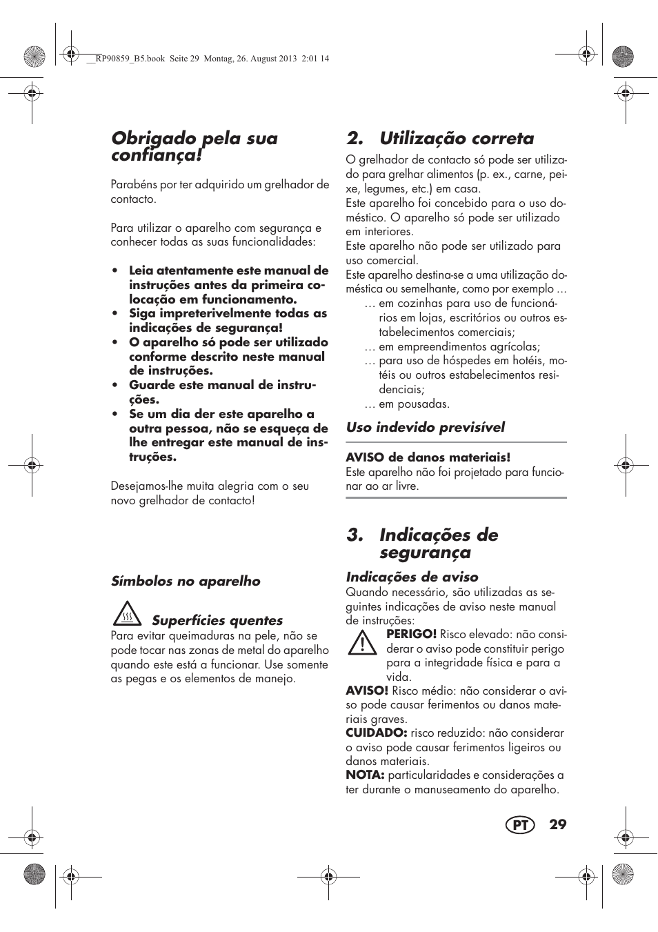 Obrigado pela sua confiança, Utilização correta, Indicações de segurança | Silvercrest SKG 1700 A1 User Manual | Page 31 / 70