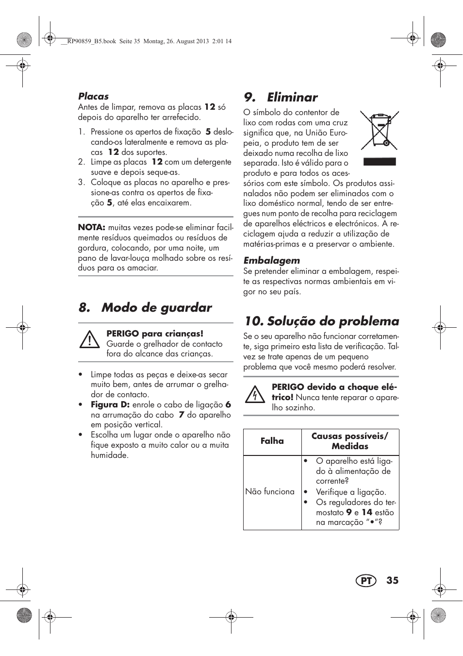 Modo de guardar, Eliminar, Solução do problema | Silvercrest SKG 1700 A1 User Manual | Page 37 / 70