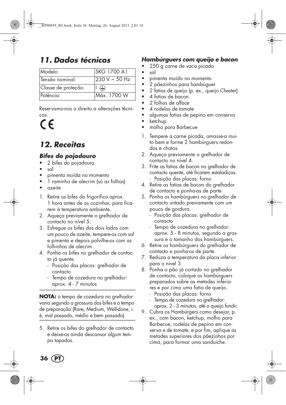 Dados técnicos, Receitas | Silvercrest SKG 1700 A1 User Manual | Page 38 / 70