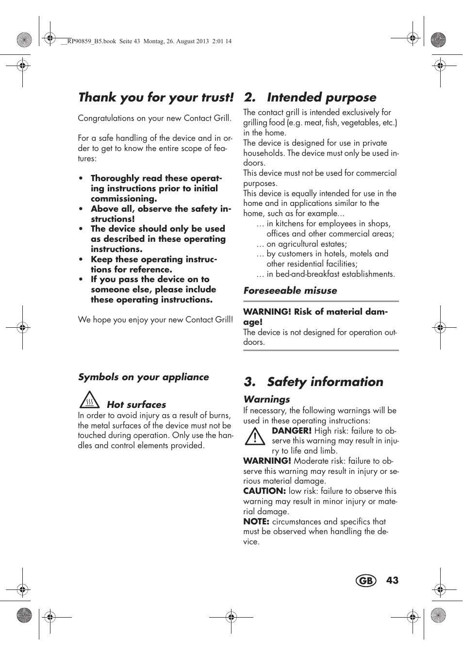 Intended purpose, Safety information | Silvercrest SKG 1700 A1 User Manual | Page 45 / 70