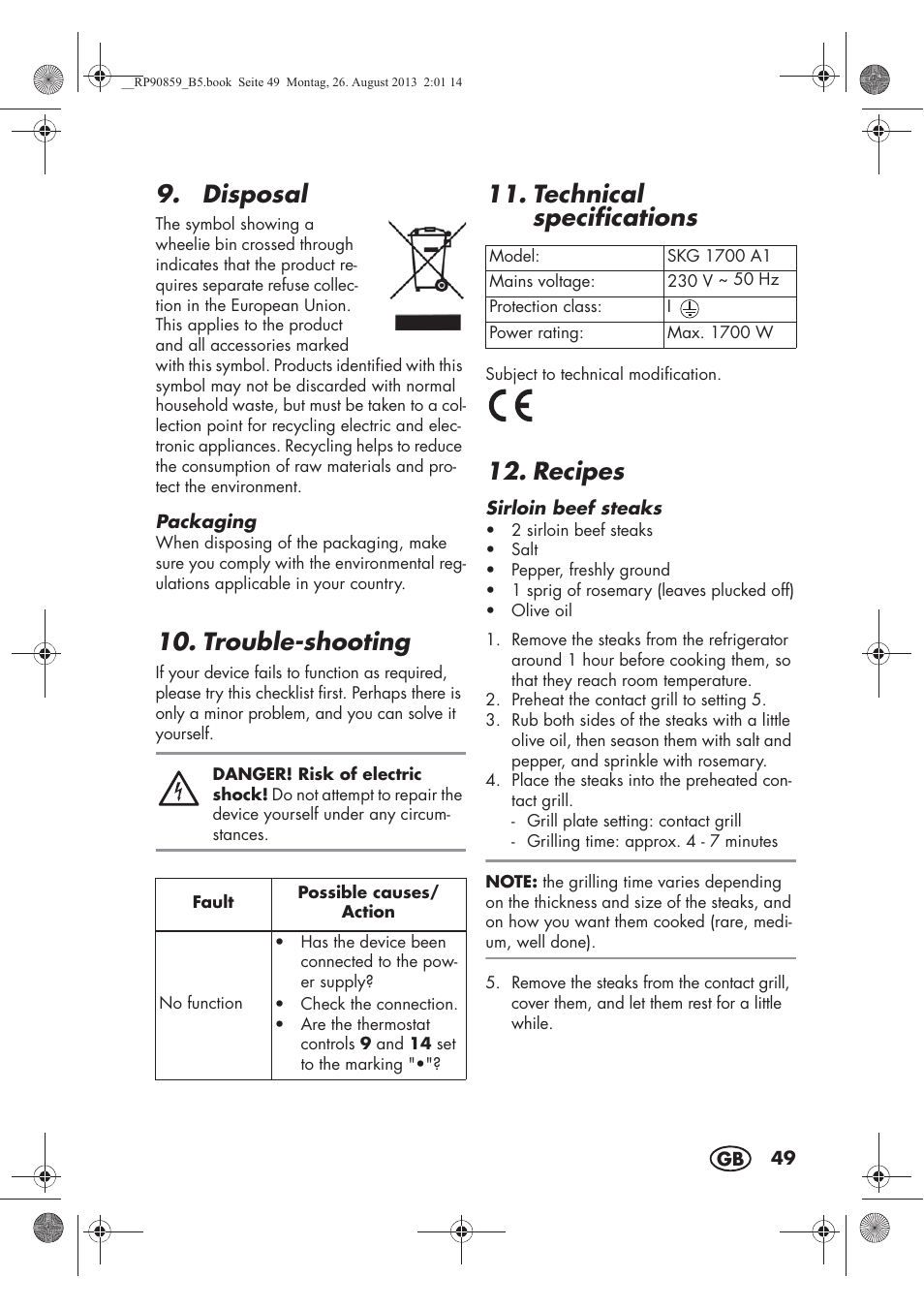 Disposal, Trouble-shooting, Technical specifications | Recipes | Silvercrest SKG 1700 A1 User Manual | Page 51 / 70