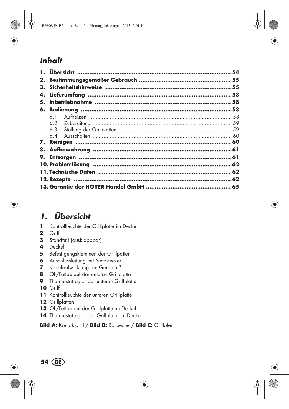 Inhalt, Übersicht | Silvercrest SKG 1700 A1 User Manual | Page 56 / 70