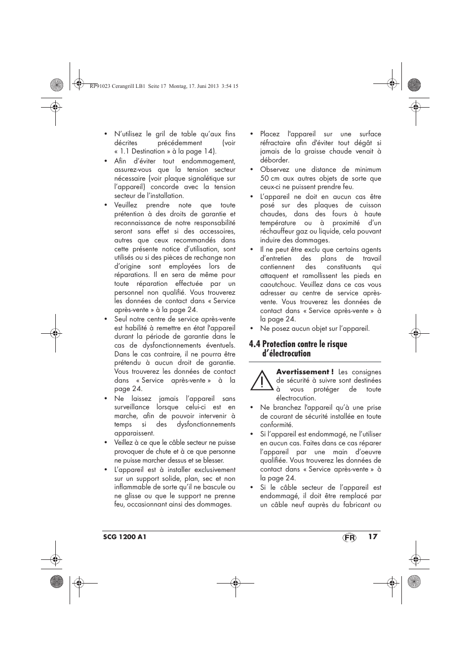4 protection contre le risque d’électrocution | Silvercrest SCG 1200 A1 User Manual | Page 19 / 58