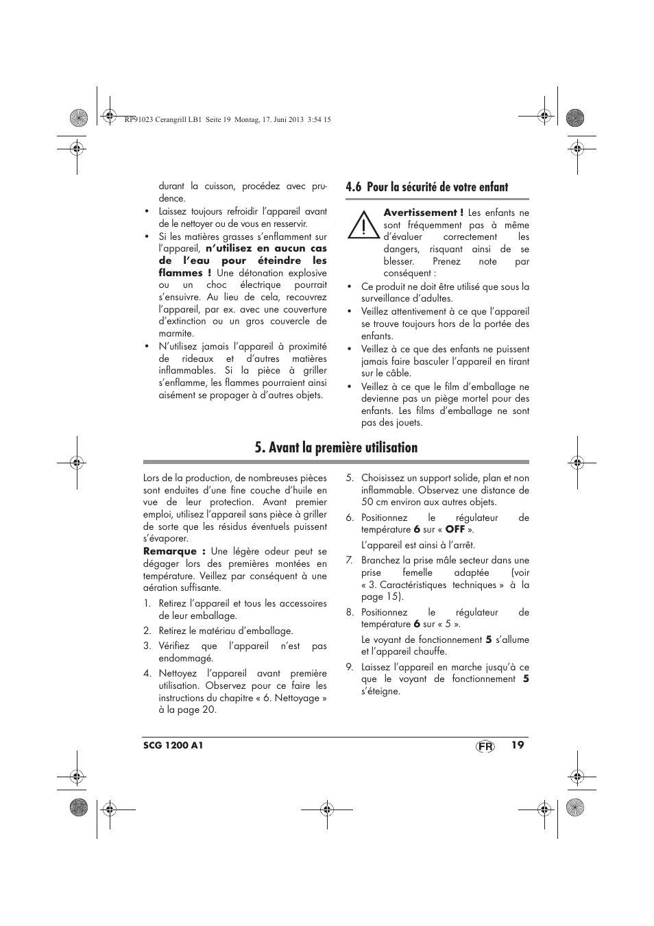 Avant la première utilisation, 6 pour la sécurité de votre enfant | Silvercrest SCG 1200 A1 User Manual | Page 21 / 58