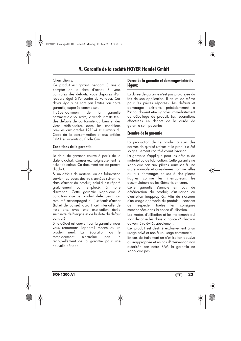 Garantie de la société hoyer handel gmbh | Silvercrest SCG 1200 A1 User Manual | Page 25 / 58