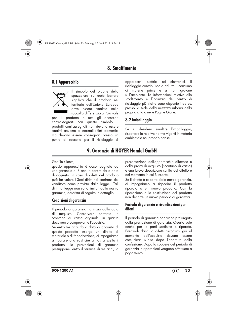 Smaltimento, Garanzia di hoyer handel gmbh | Silvercrest SCG 1200 A1 User Manual | Page 35 / 58