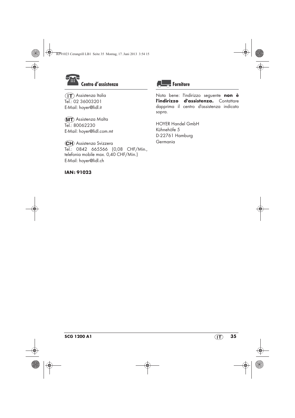 Centro d’assistenza, Fornitore | Silvercrest SCG 1200 A1 User Manual | Page 37 / 58