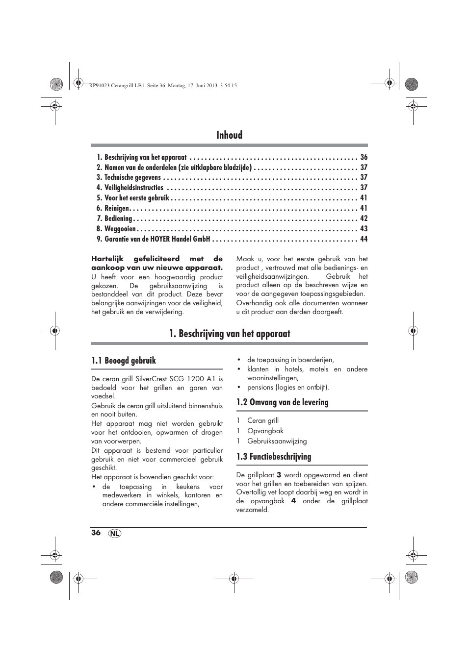 Inhoud, Beschrijving van het apparaat | Silvercrest SCG 1200 A1 User Manual | Page 38 / 58