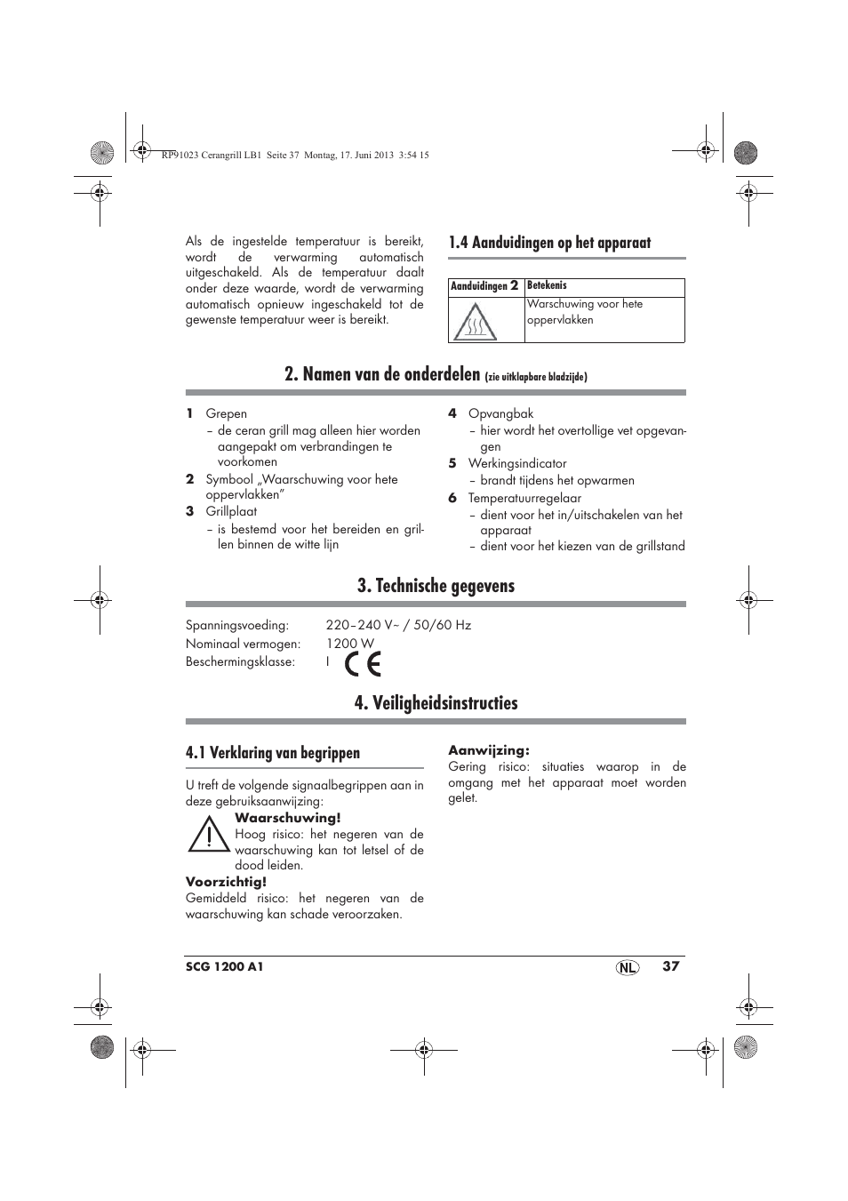 Namen van de onderdelen, Technische gegevens, Veiligheidsinstructies | 4 aanduidingen op het apparaat, 1 verklaring van begrippen | Silvercrest SCG 1200 A1 User Manual | Page 39 / 58