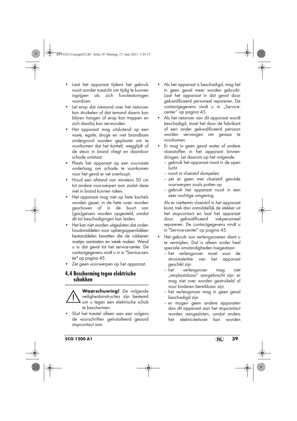4 bescherming tegen elektrische schokken | Silvercrest SCG 1200 A1 User Manual | Page 41 / 58