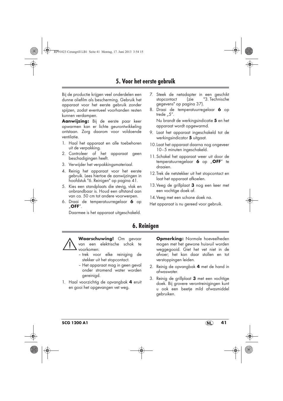 Voor het eerste gebruik, Reinigen | Silvercrest SCG 1200 A1 User Manual | Page 43 / 58