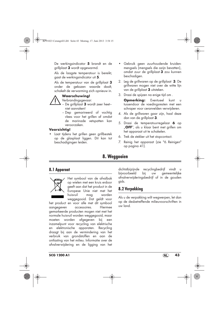 Weggooien, 1 apparaat, 2 verpakking | Silvercrest SCG 1200 A1 User Manual | Page 45 / 58