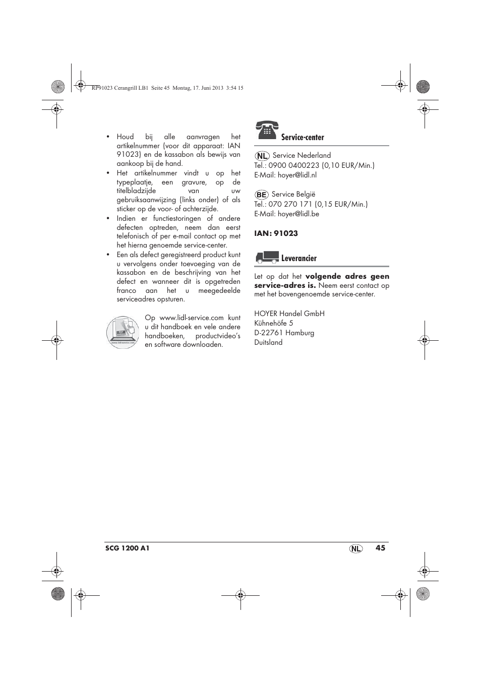 Service-center, Leverancier | Silvercrest SCG 1200 A1 User Manual | Page 47 / 58