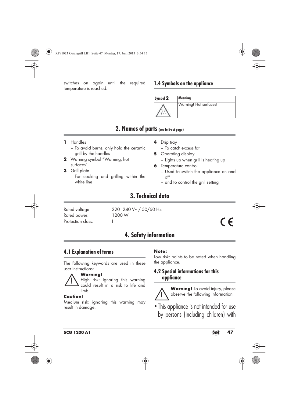 Names of parts, Technical data, Safety information | 4 symbols on the appliance, 1 explanation of terms, 2 special informations for this appliance | Silvercrest SCG 1200 A1 User Manual | Page 49 / 58