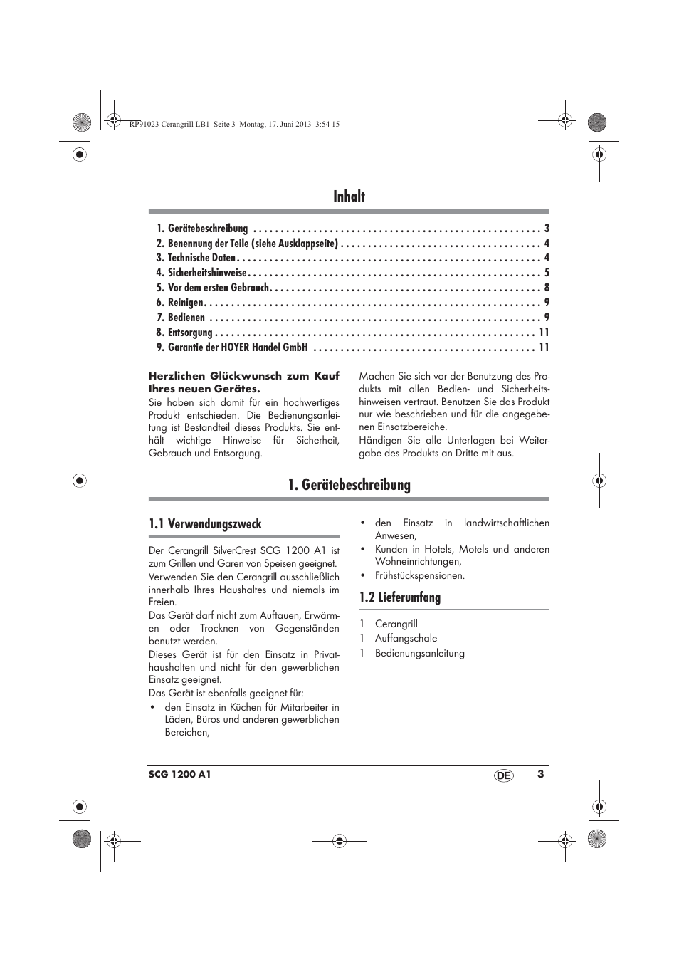 Inhalt, Gerätebeschreibung, 1 verwendungszweck | 2 lieferumfang | Silvercrest SCG 1200 A1 User Manual | Page 5 / 58