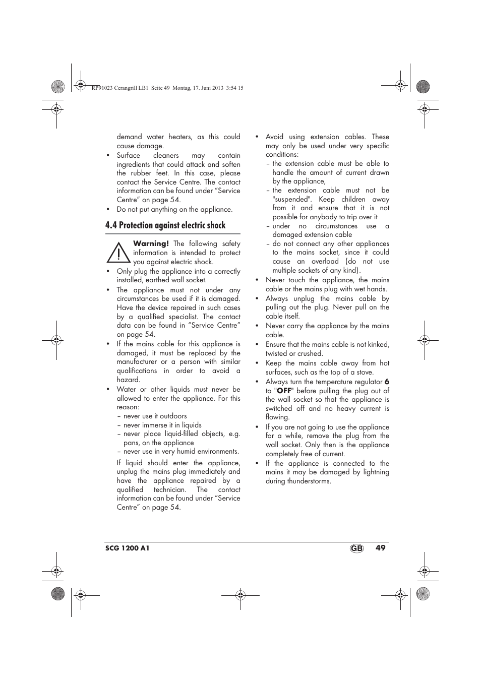4 protection against electric shock | Silvercrest SCG 1200 A1 User Manual | Page 51 / 58