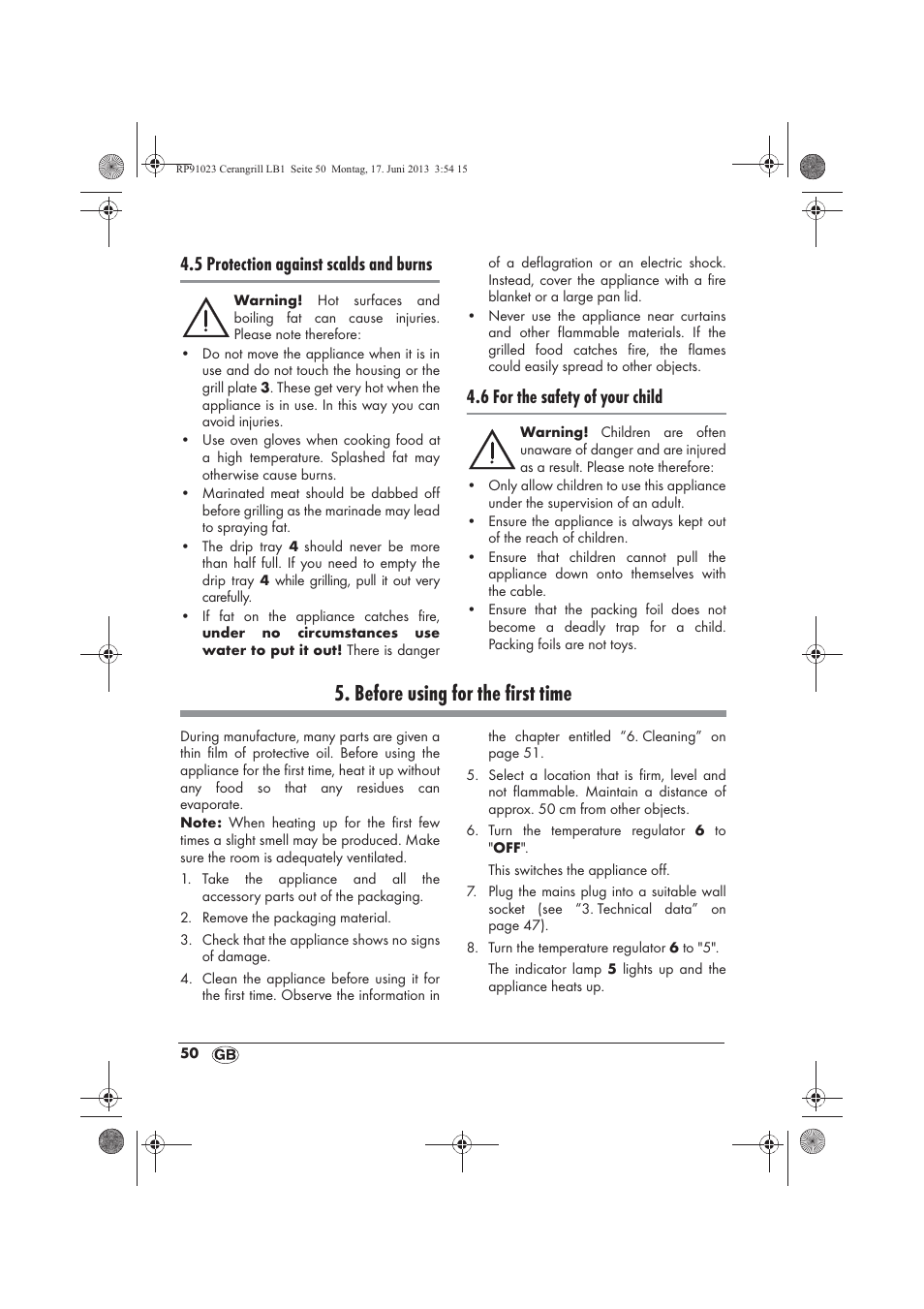 Before using for the first time, 5 protection against scalds and burns, 6 for the safety of your child | Silvercrest SCG 1200 A1 User Manual | Page 52 / 58