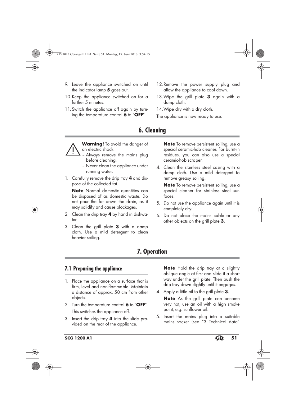 Cleaning, Operation, 1 preparing the appliance | Silvercrest SCG 1200 A1 User Manual | Page 53 / 58