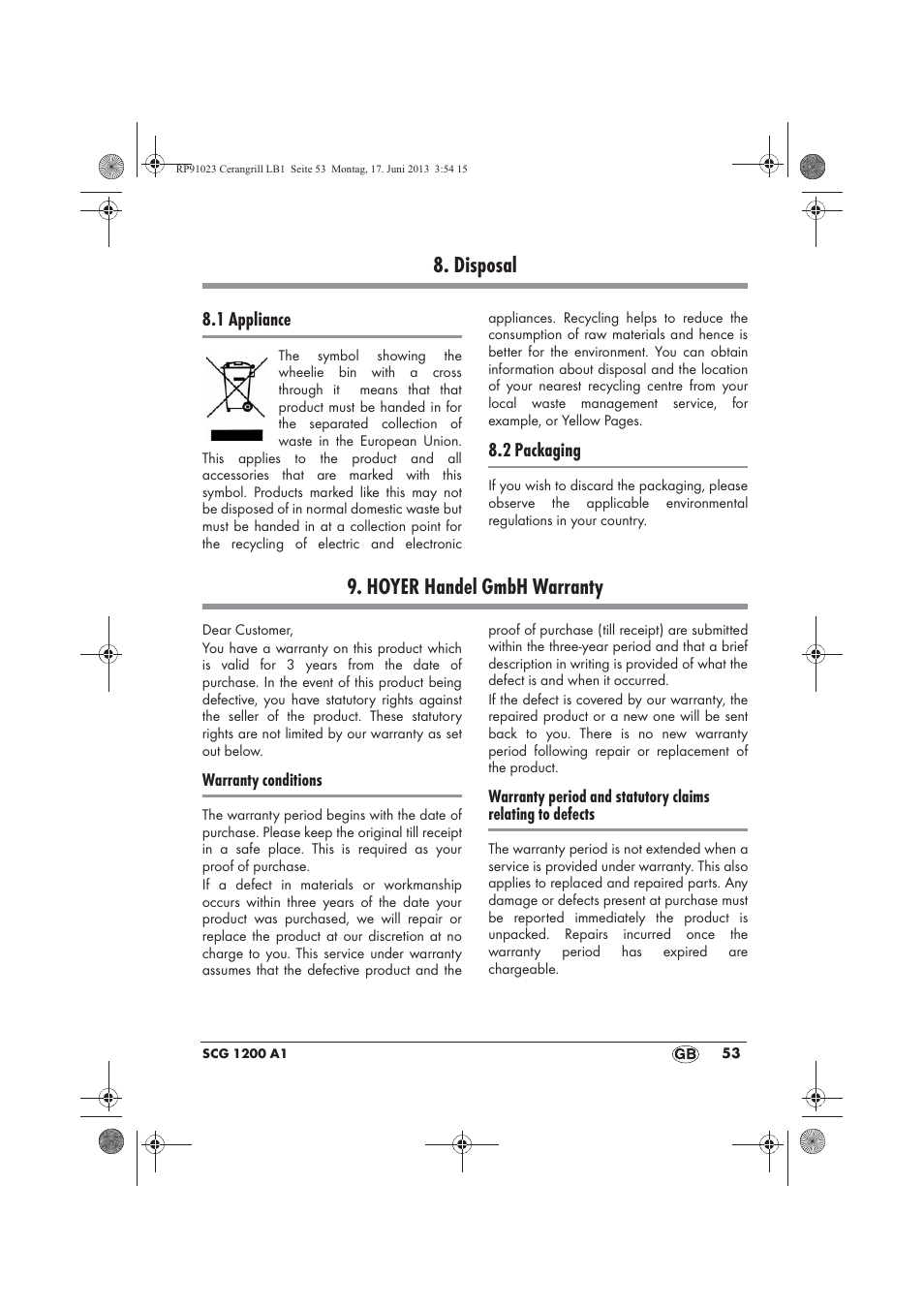Disposal, Hoyer handel gmbh warranty | Silvercrest SCG 1200 A1 User Manual | Page 55 / 58