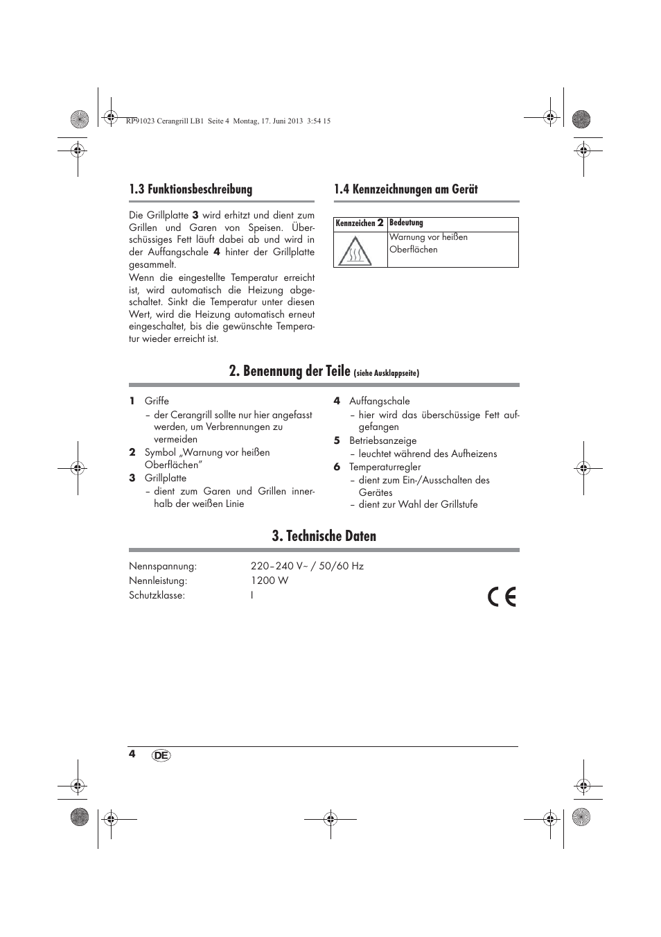 Benennung der teile, Technische daten, 3 funktionsbeschreibung | 4 kennzeichnungen am gerät | Silvercrest SCG 1200 A1 User Manual | Page 6 / 58