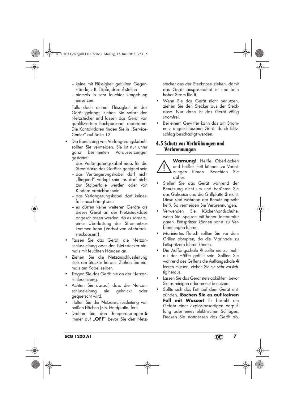 5 schutz vor verbrühungen und verbrennungen | Silvercrest SCG 1200 A1 User Manual | Page 9 / 58