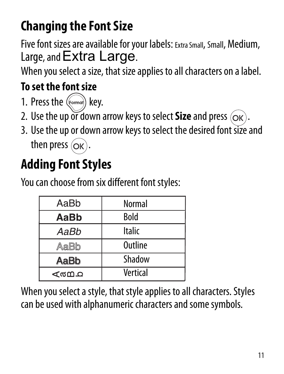 Changing the font size, Adding font styles, Extra large | Dymo LT100-H User Manual | Page 11 / 70