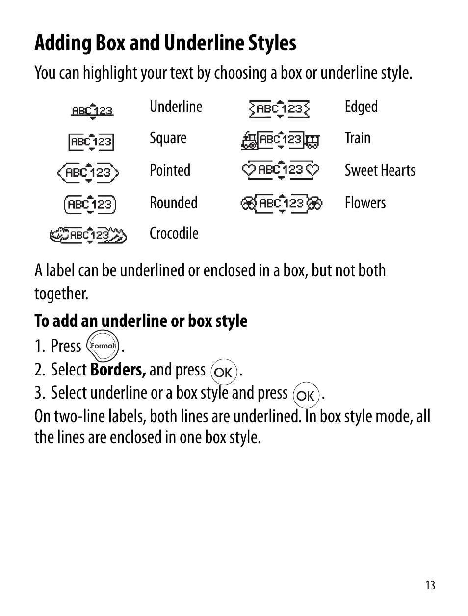 Adding box and underline styles | Dymo LT100-H User Manual | Page 13 / 70