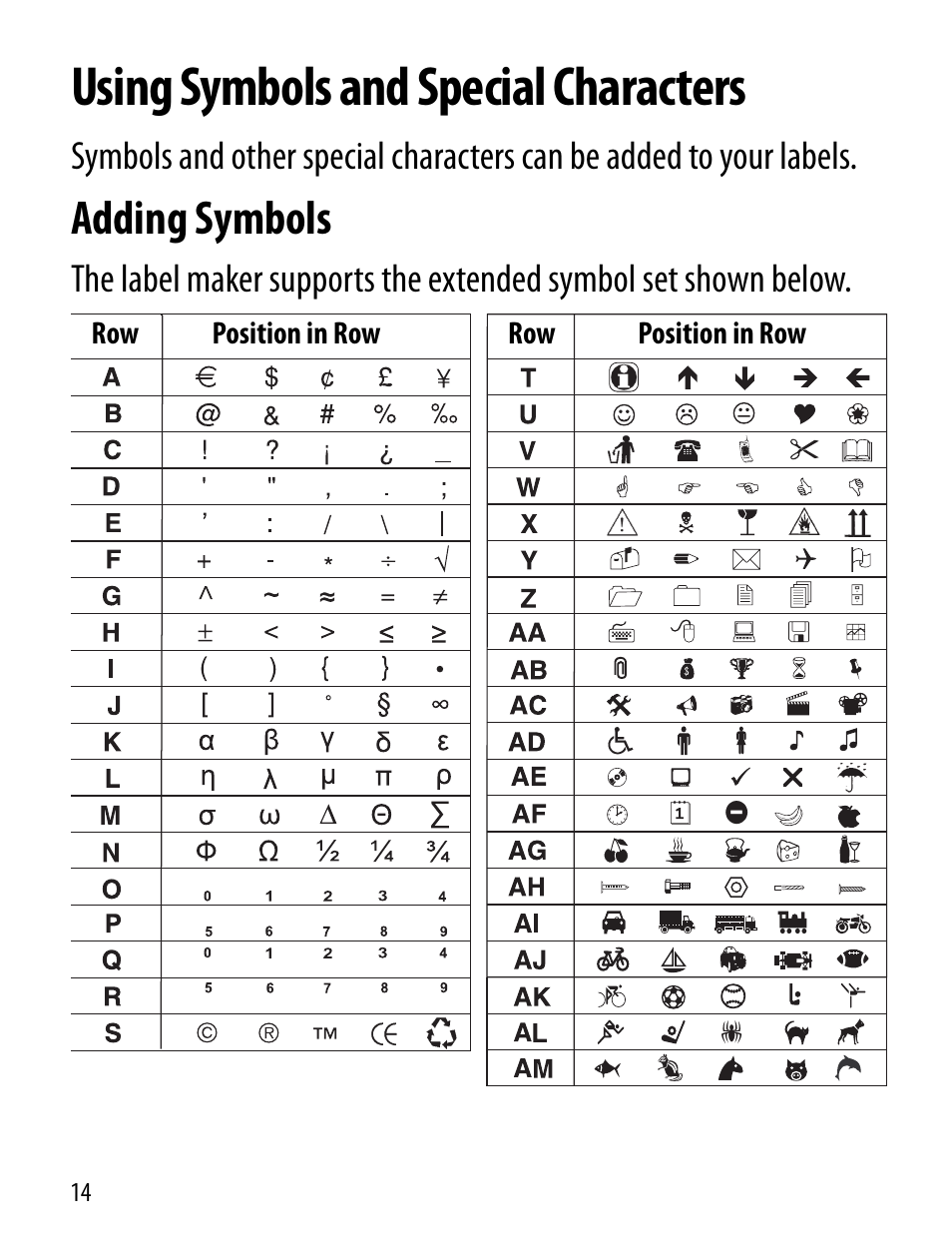 Using symbols and special characters, Adding symbols | Dymo LT100-H User Manual | Page 14 / 70