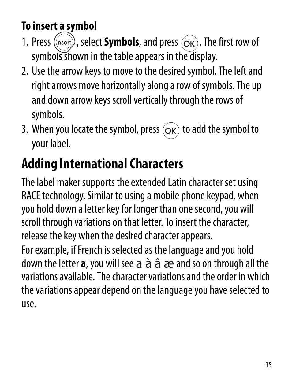 Adding international characters, A а в ж | Dymo LT100-H User Manual | Page 15 / 70