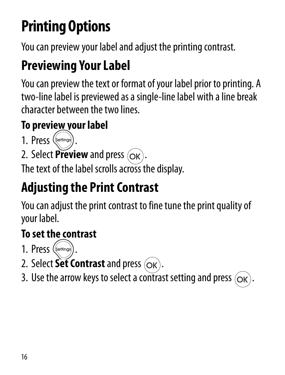 Printing options, Previewing your label, Adjusting the print contrast | Dymo LT100-H User Manual | Page 16 / 70