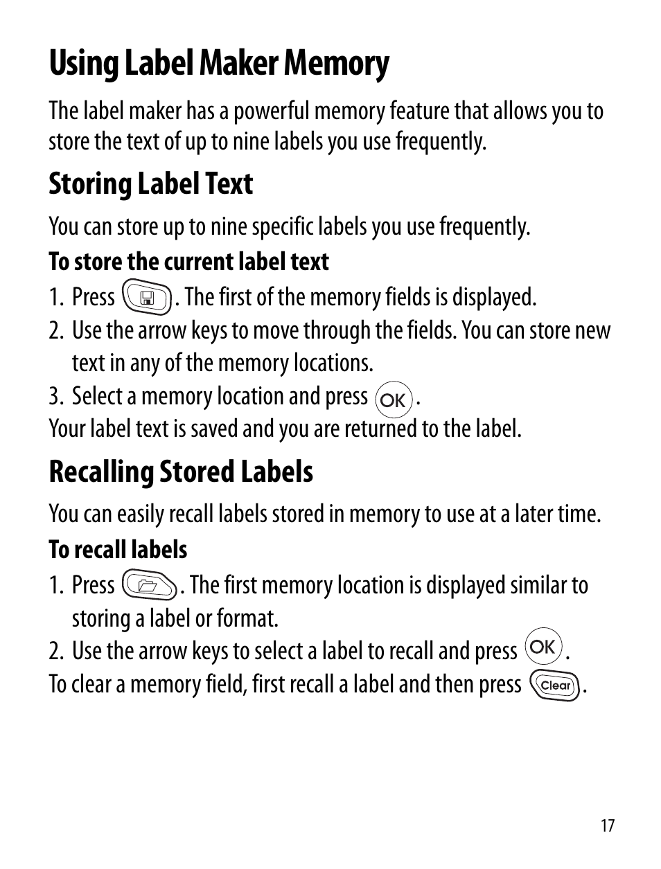 Using label maker memory, Storing label text, Recalling stored labels | Dymo LT100-H User Manual | Page 17 / 70