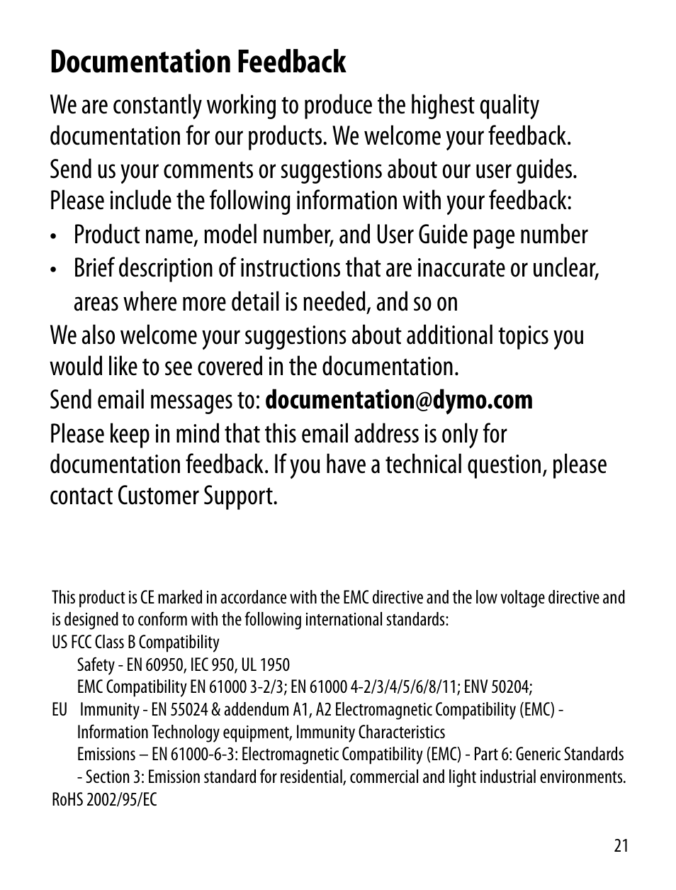 Documentation feedback | Dymo LT100-H User Manual | Page 21 / 70