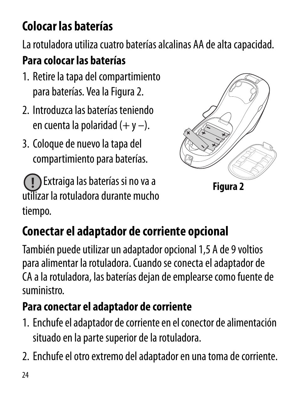 Colocar las baterías, Conectar el adaptador de corriente opcional | Dymo LT100-H User Manual | Page 24 / 70