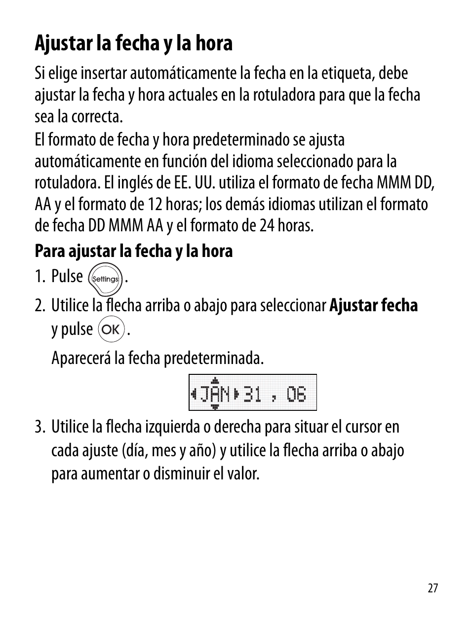 Ajustar la fecha y la hora | Dymo LT100-H User Manual | Page 27 / 70