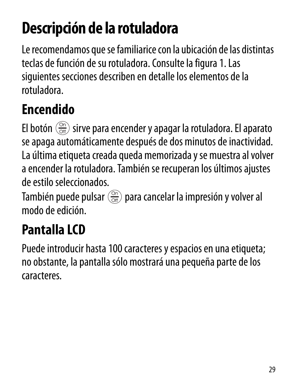 Descripción de la rotuladora, Encendido, Pantalla lcd | Dymo LT100-H User Manual | Page 29 / 70