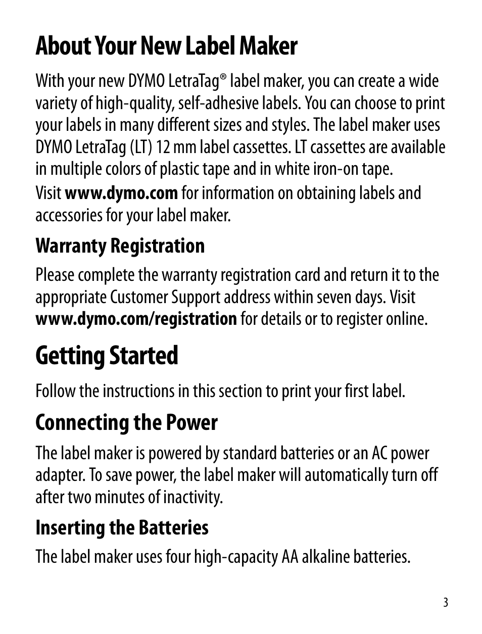 About your new label maker, Warranty registration, Getting started | Connecting the power, Inserting the batteries | Dymo LT100-H User Manual | Page 3 / 70