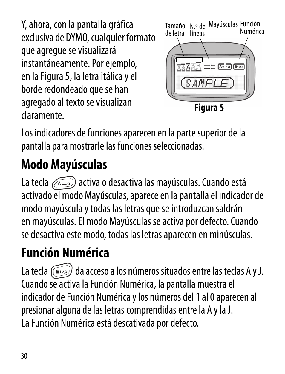 Modo mayúsculas, Función numérica | Dymo LT100-H User Manual | Page 30 / 70