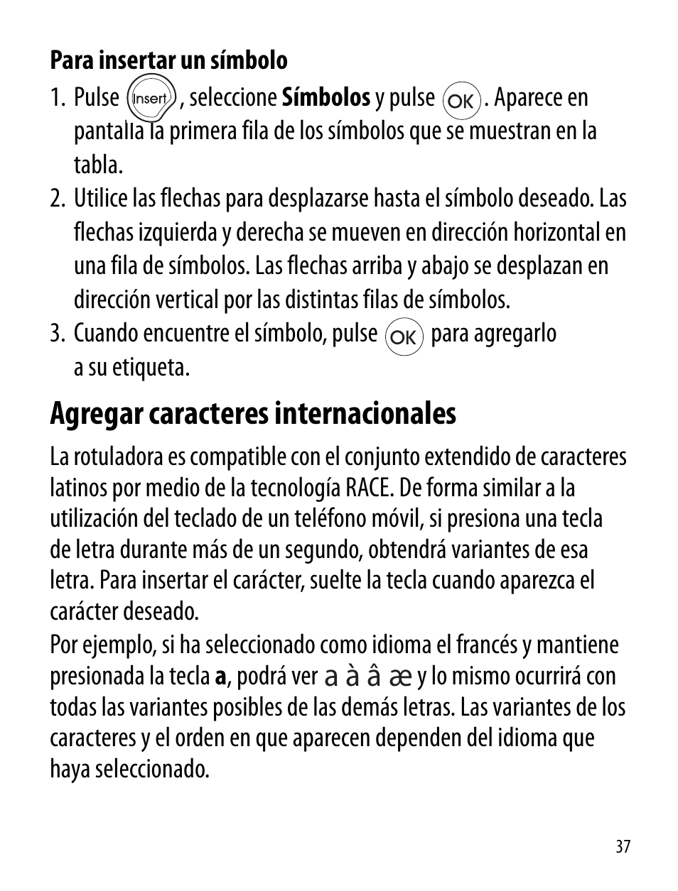 Agregar caracteres internacionales, A а в ж | Dymo LT100-H User Manual | Page 37 / 70