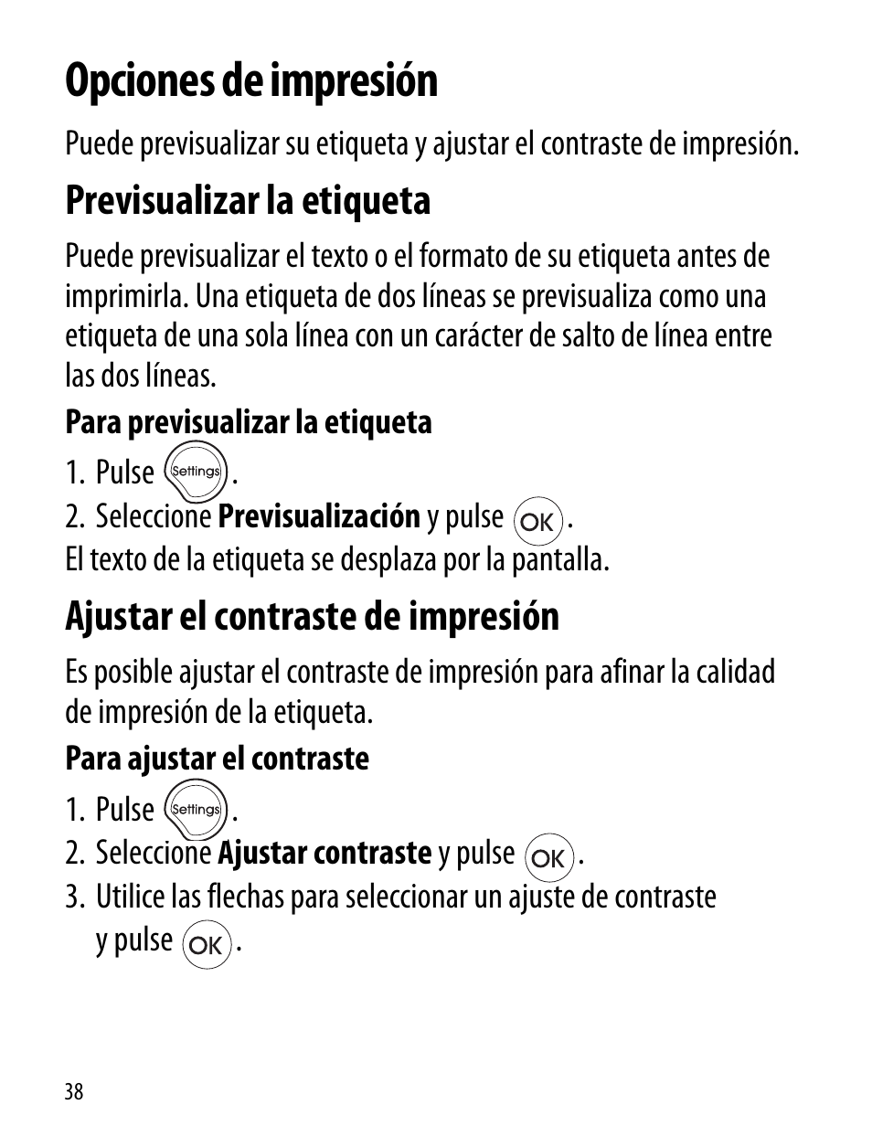 Opciones de impresión, Previsualizar la etiqueta, Ajustar el contraste de impresión | Dymo LT100-H User Manual | Page 38 / 70