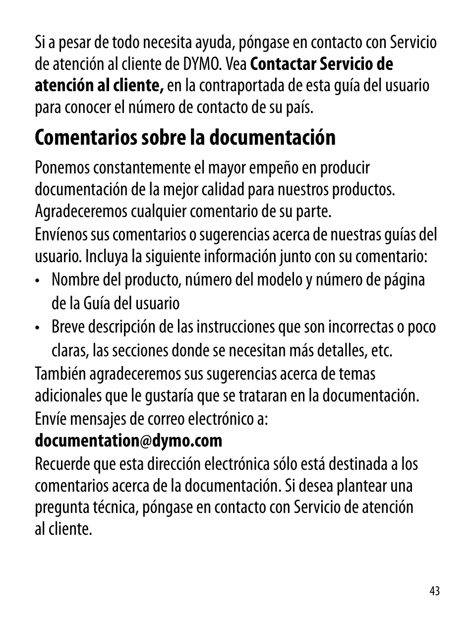 Comentarios sobre la documentación | Dymo LT100-H User Manual | Page 43 / 70