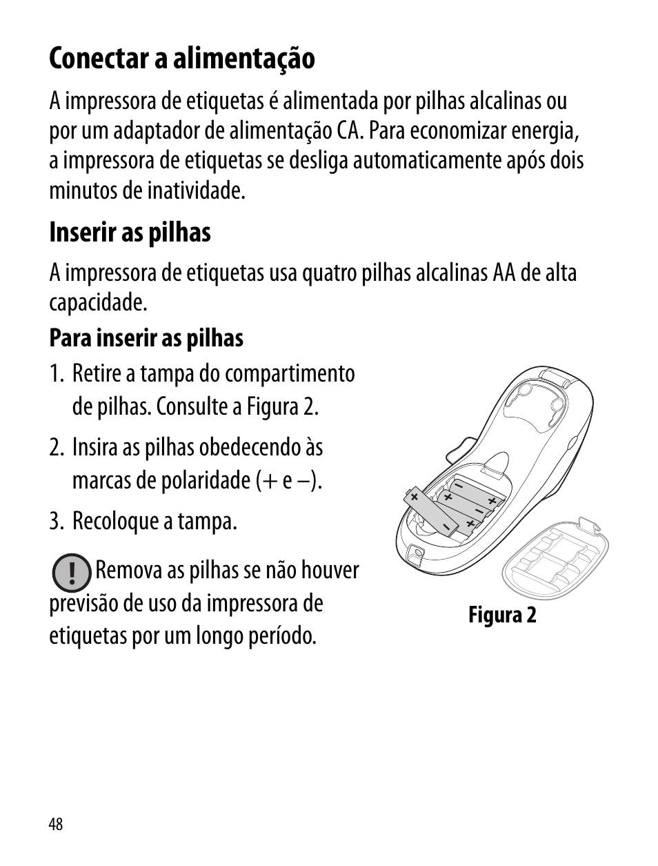 Conectar a alimentação, Inserir as pilhas | Dymo LT100-H User Manual | Page 48 / 70