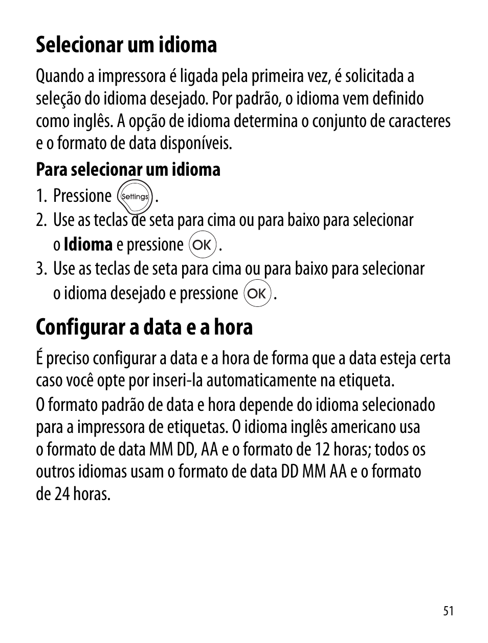 Selecionar um idioma, Configurar a data e a hora | Dymo LT100-H User Manual | Page 51 / 70