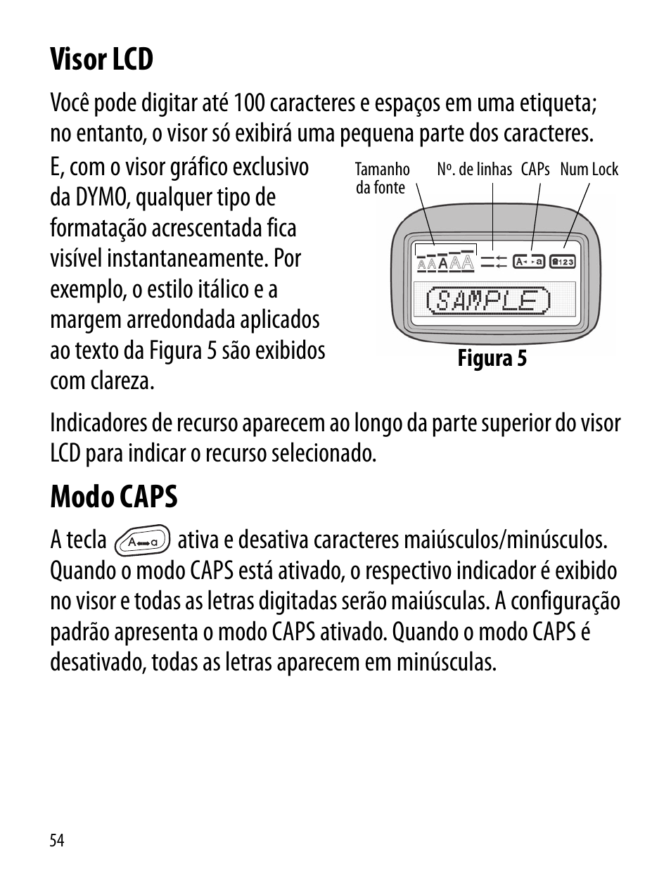 Visor lcd, Modo caps | Dymo LT100-H User Manual | Page 54 / 70