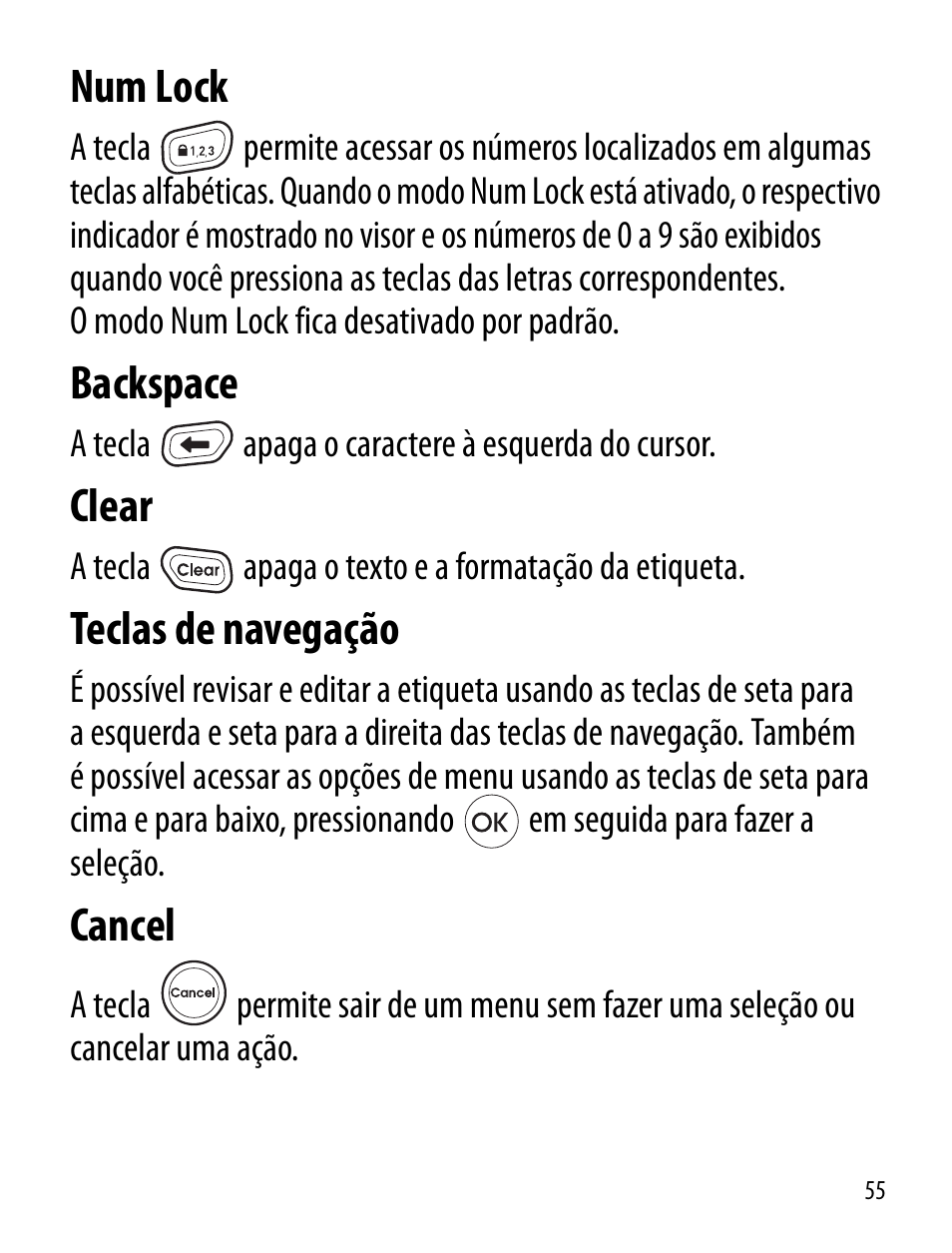 Num lock, Backspace, Clear | Teclas de navegação, Cancel | Dymo LT100-H User Manual | Page 55 / 70
