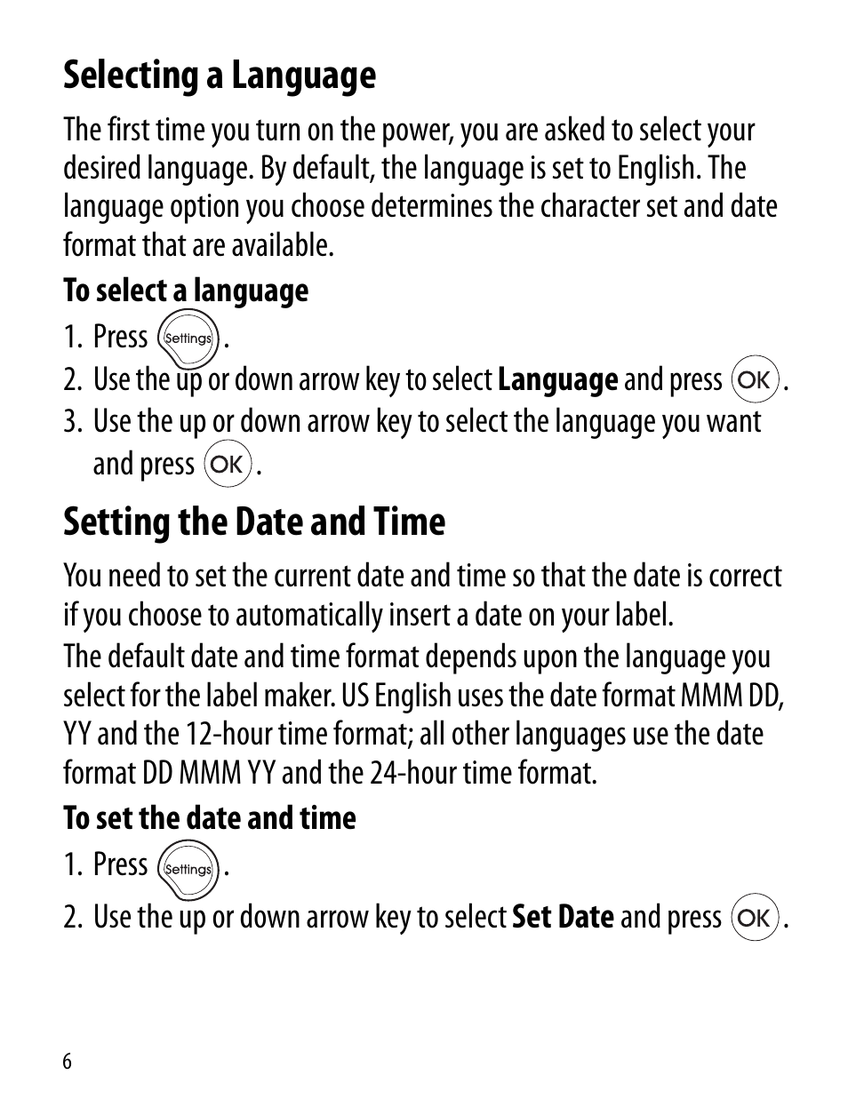 Selecting a language, Setting the date and time | Dymo LT100-H User Manual | Page 6 / 70