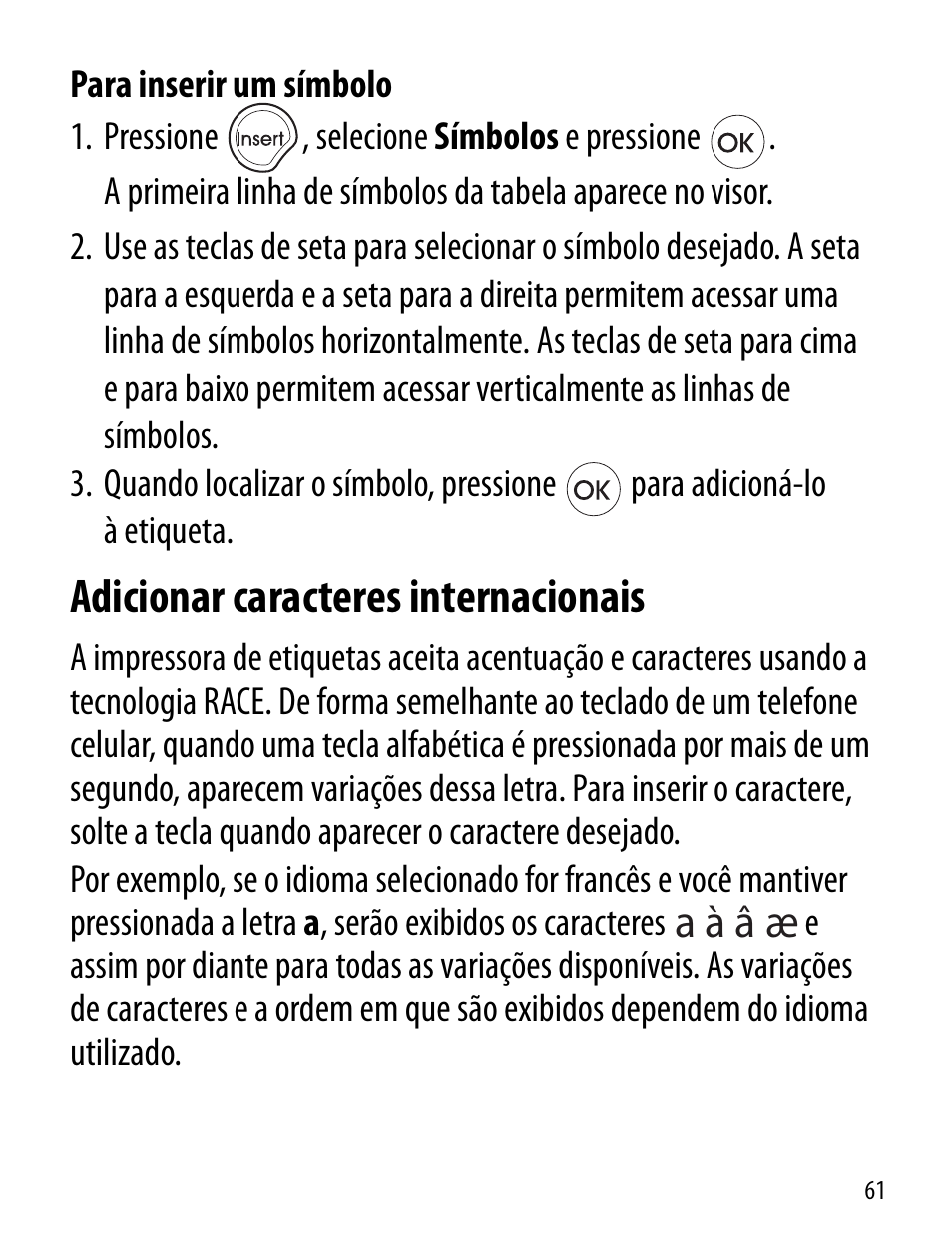 Adicionar caracteres internacionais, A а в ж | Dymo LT100-H User Manual | Page 61 / 70
