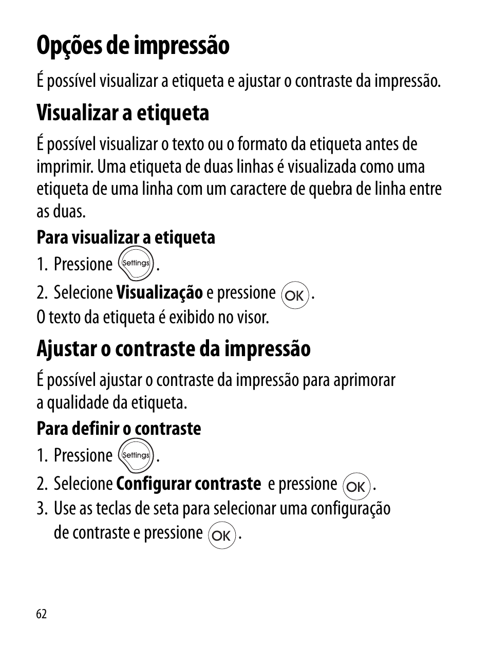 Opções de impressão, Visualizar a etiqueta, Ajustar o contraste da impressão | Dymo LT100-H User Manual | Page 62 / 70