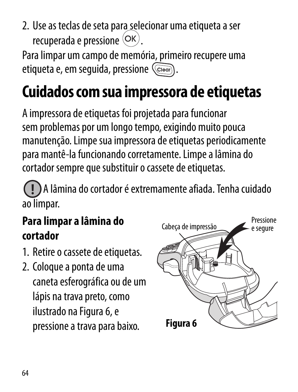 Cuidados com sua impressora de etiquetas | Dymo LT100-H User Manual | Page 64 / 70