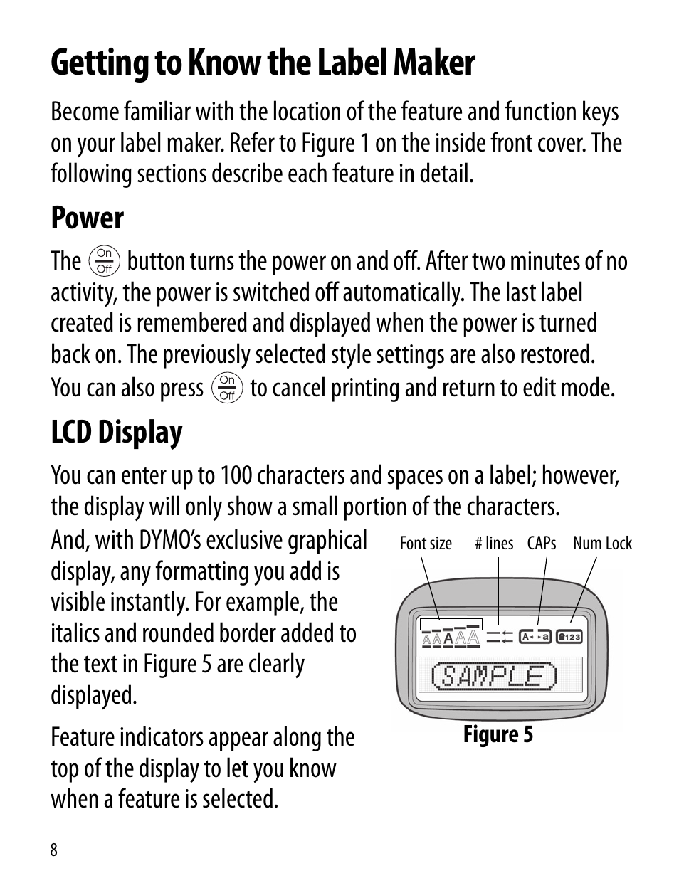 Getting to know the label maker, Power, Lcd display | Dymo LT100-H User Manual | Page 8 / 70